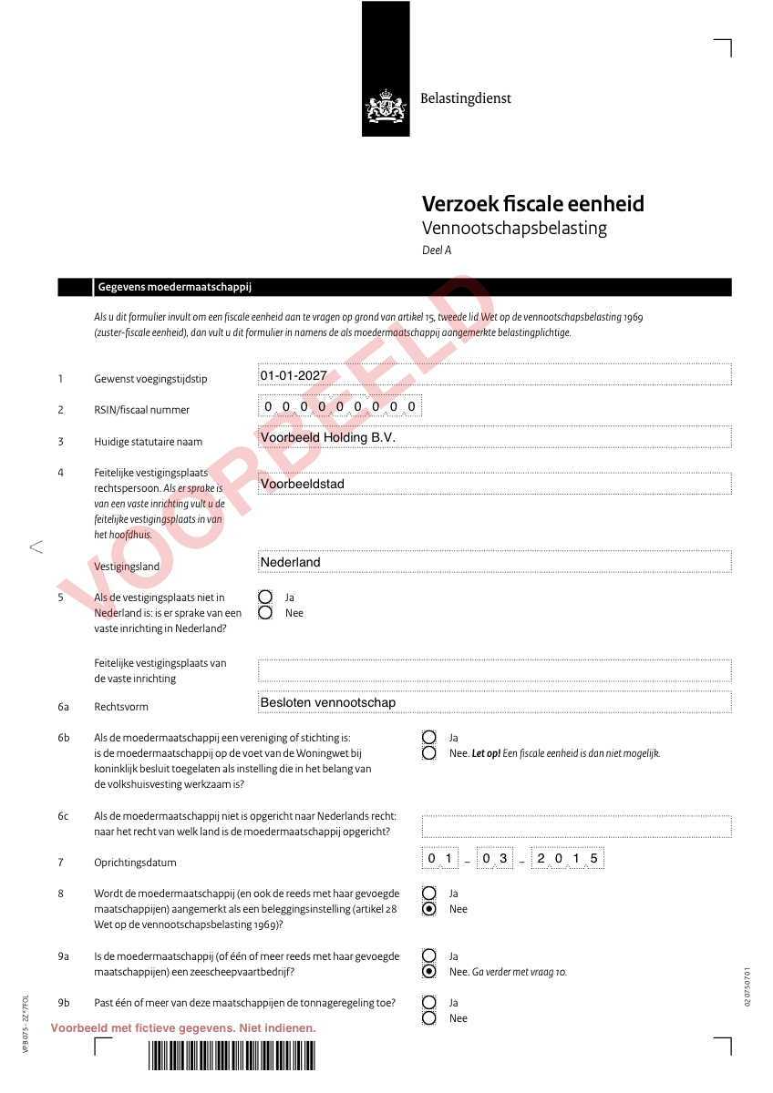Voorbeeld van Deel A, ingevuld met fictieve gegevens