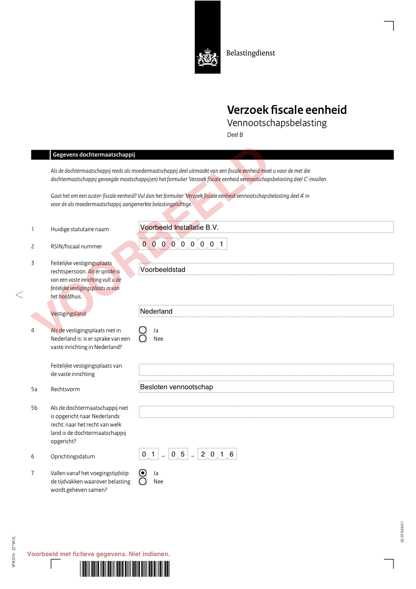 Voorbeeld van Deel B, ingevuld met fictieve gegevens